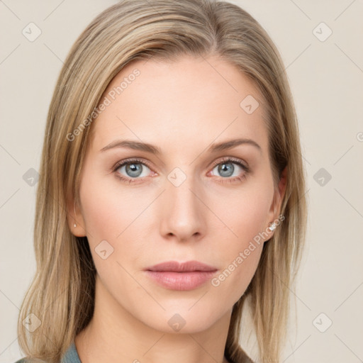 Neutral white young-adult female with long  brown hair and grey eyes