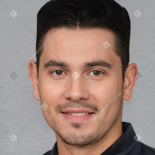 Joyful white young-adult male with short  brown hair and brown eyes