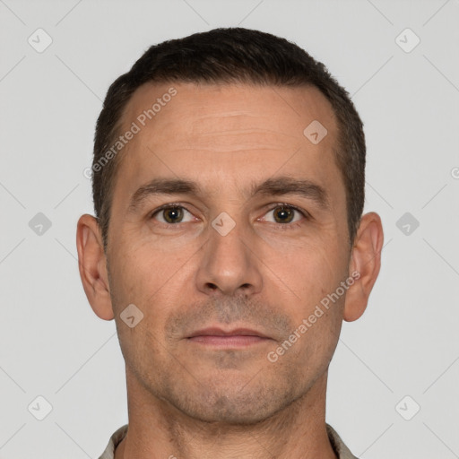 Neutral white adult male with short  brown hair and brown eyes