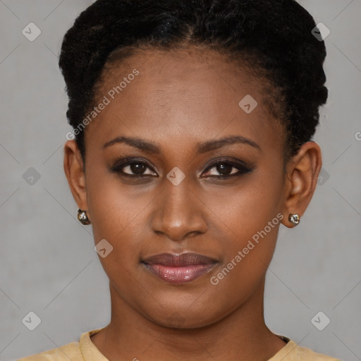 Joyful latino young-adult female with short  brown hair and brown eyes