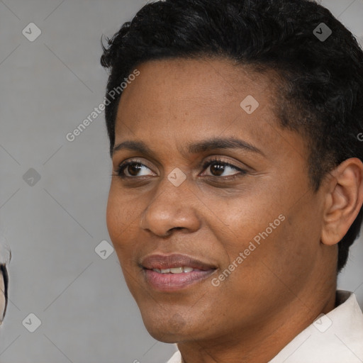 Joyful black adult female with short  black hair and brown eyes