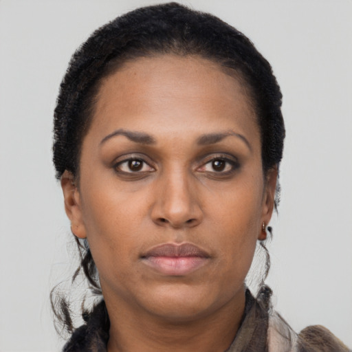Neutral black young-adult female with short  black hair and brown eyes