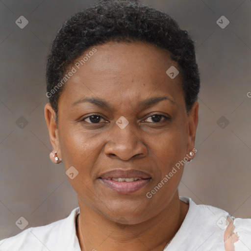Joyful black adult female with short  brown hair and brown eyes