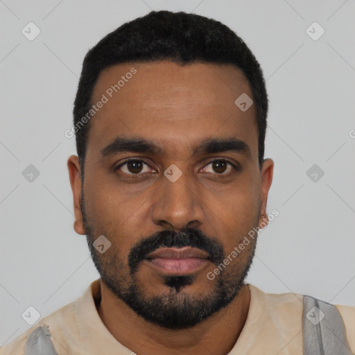 Neutral black young-adult male with short  black hair and brown eyes
