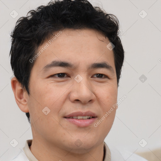 Joyful latino young-adult male with short  brown hair and brown eyes