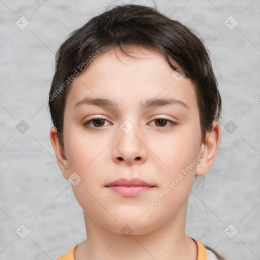 Neutral white young-adult female with short  brown hair and brown eyes