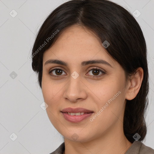 Joyful white young-adult female with medium  brown hair and brown eyes