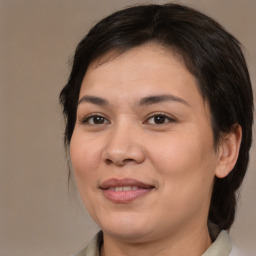 Joyful white adult female with medium  brown hair and brown eyes