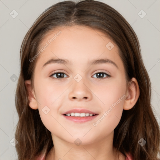 Joyful white child female with long  brown hair and brown eyes