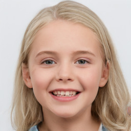 Joyful white child female with medium  brown hair and blue eyes