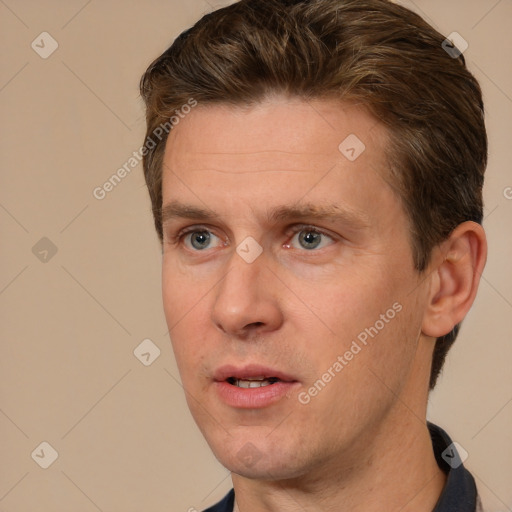 Neutral white adult male with short  brown hair and brown eyes