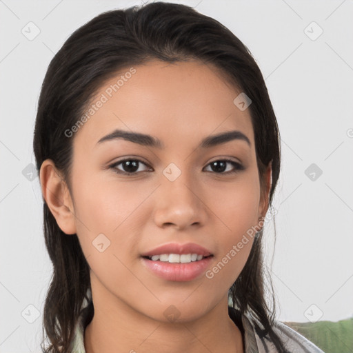 Joyful white young-adult female with long  brown hair and brown eyes