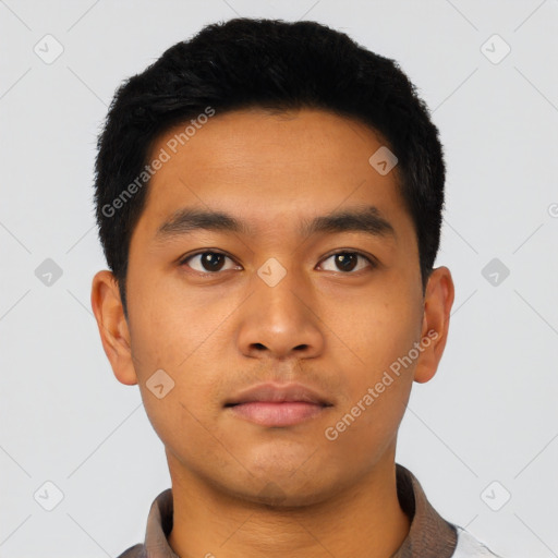 Neutral asian young-adult male with short  black hair and brown eyes