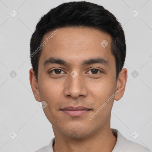 Neutral asian young-adult male with short  black hair and brown eyes