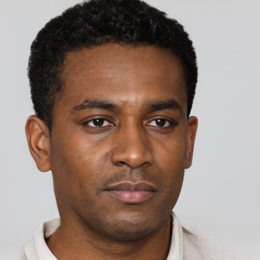 Neutral black young-adult male with short  black hair and brown eyes
