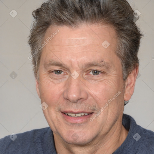 Joyful white middle-aged male with short  brown hair and brown eyes