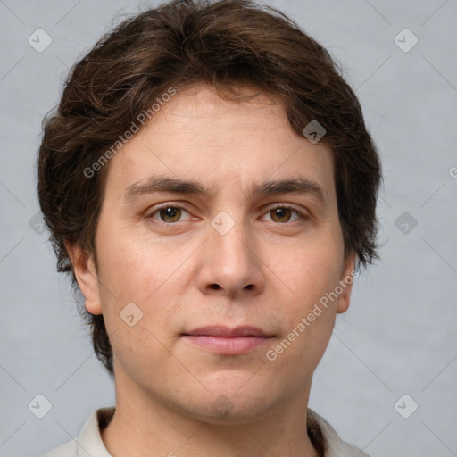 Neutral white young-adult male with short  brown hair and brown eyes