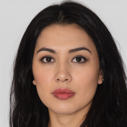 Neutral asian young-adult female with long  black hair and brown eyes