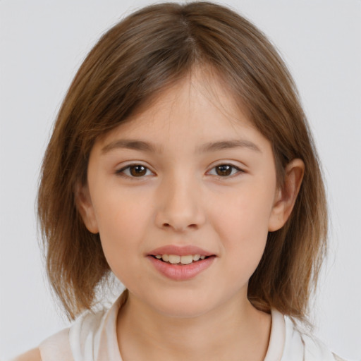 Joyful white child female with medium  brown hair and brown eyes