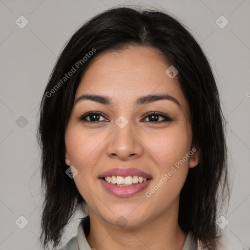 Joyful asian young-adult female with medium  brown hair and brown eyes