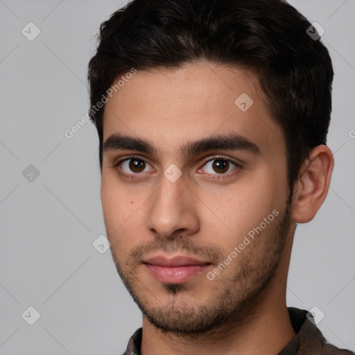 Neutral white young-adult male with short  brown hair and brown eyes