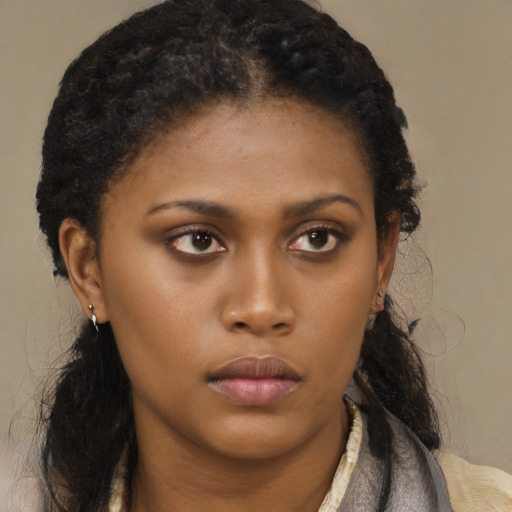 Neutral black young-adult female with medium  brown hair and brown eyes
