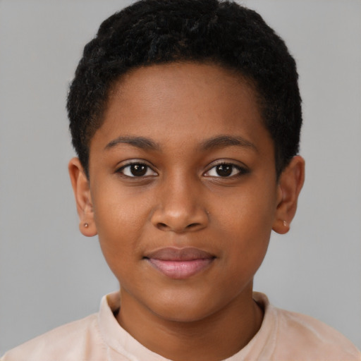 Joyful black child female with short  black hair and brown eyes