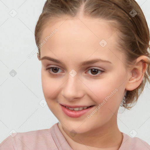 Joyful white child female with medium  brown hair and brown eyes