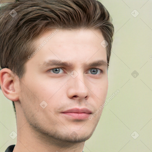 Neutral white young-adult male with short  brown hair and grey eyes