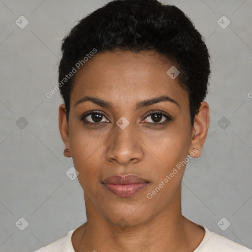 Joyful black young-adult female with short  black hair and brown eyes