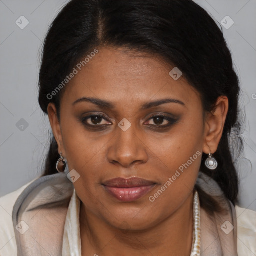 Joyful black young-adult female with medium  brown hair and brown eyes