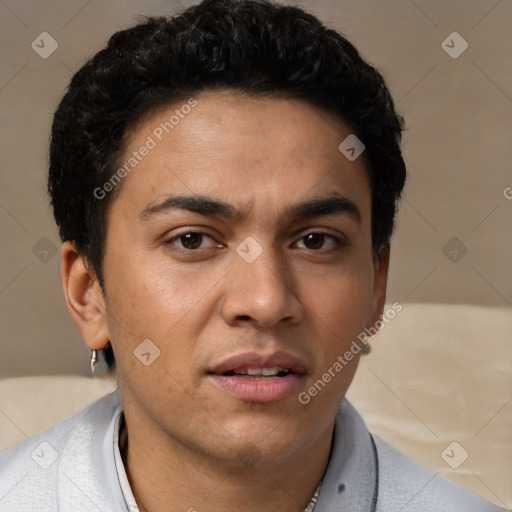 Neutral white young-adult male with short  black hair and brown eyes