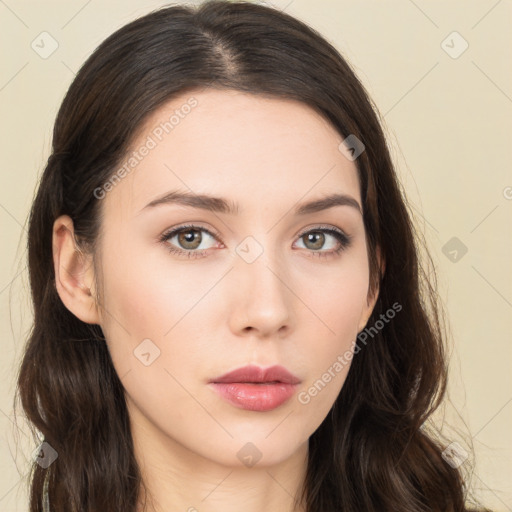 Neutral white young-adult female with long  brown hair and brown eyes