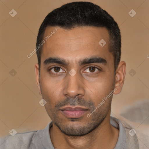 Neutral latino young-adult male with short  black hair and brown eyes
