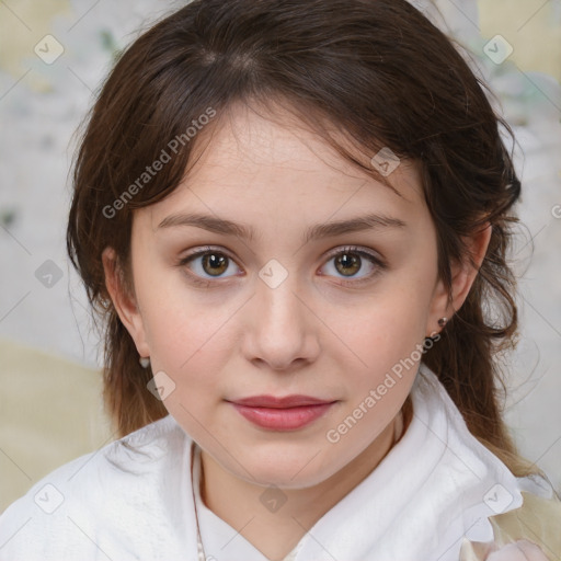 Joyful white child female with medium  brown hair and brown eyes