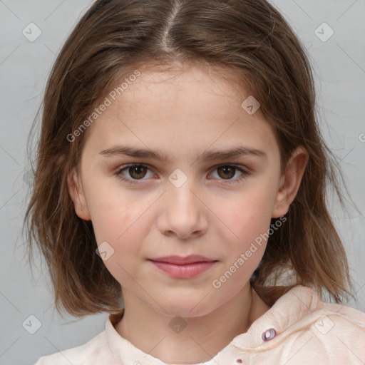 Joyful white child female with medium  brown hair and brown eyes