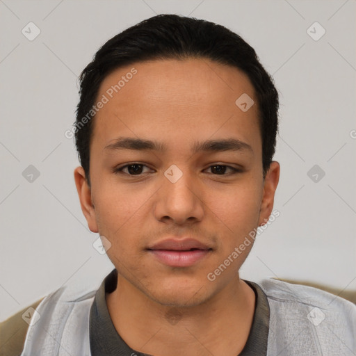 Neutral latino young-adult male with short  black hair and brown eyes