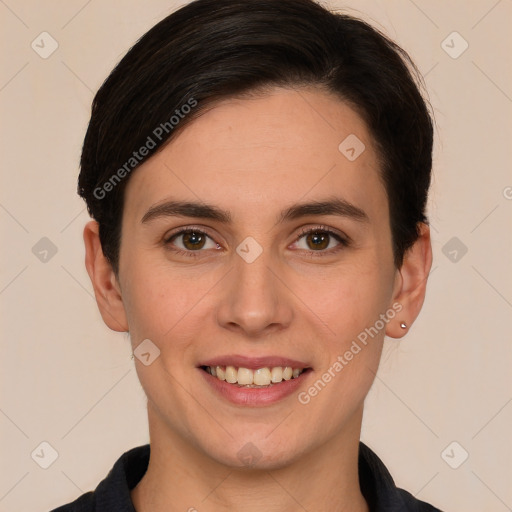 Joyful white young-adult female with short  brown hair and brown eyes