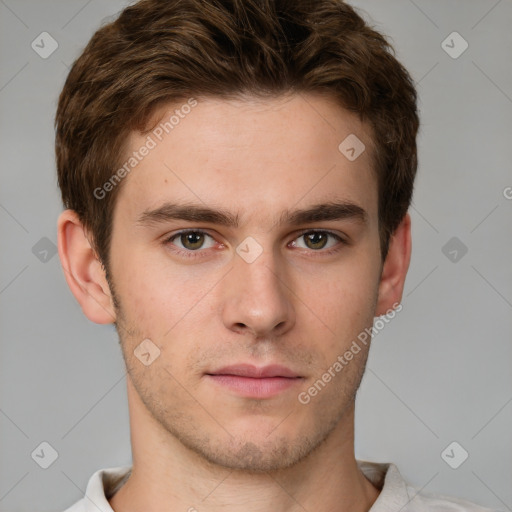 Neutral white young-adult male with short  brown hair and grey eyes