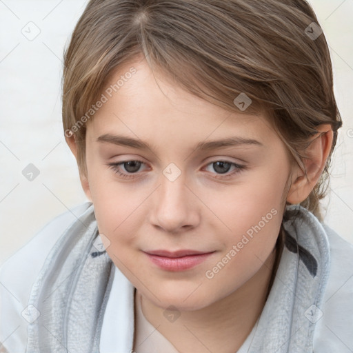 Joyful white child female with medium  brown hair and brown eyes