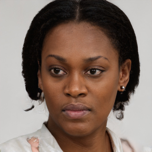 Neutral black young-adult female with medium  brown hair and brown eyes