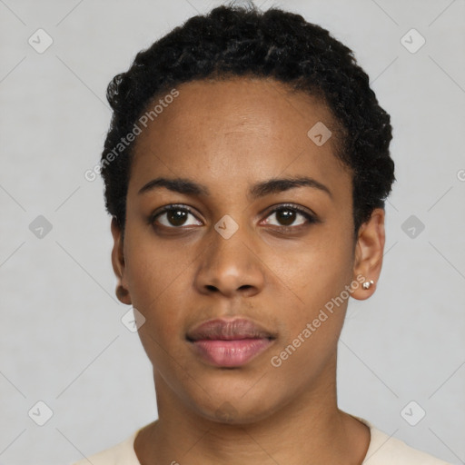 Neutral black young-adult female with short  black hair and brown eyes