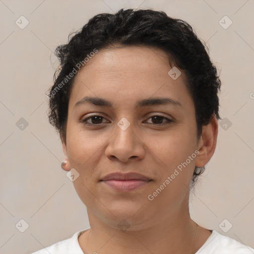 Joyful latino young-adult female with short  brown hair and brown eyes