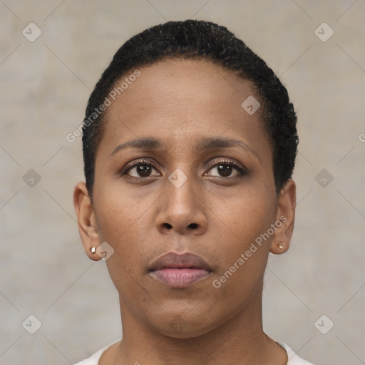 Neutral black young-adult female with short  black hair and brown eyes