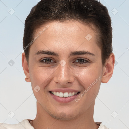 Joyful white young-adult female with short  brown hair and brown eyes