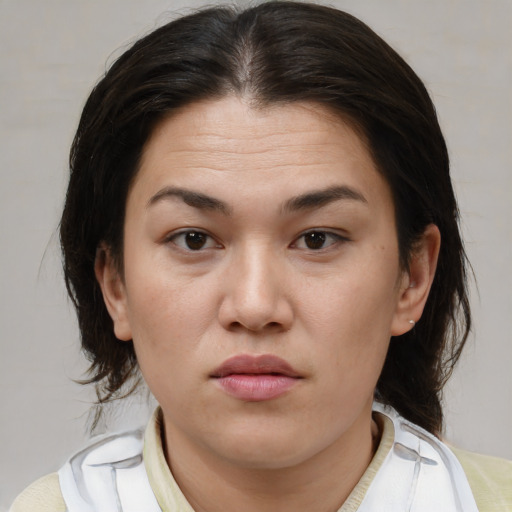 Neutral asian young-adult female with medium  brown hair and brown eyes