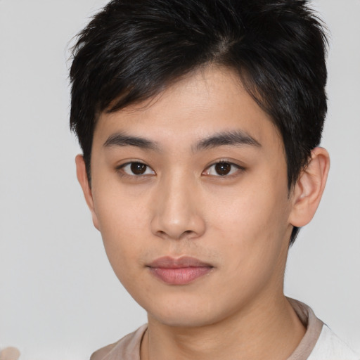 Neutral asian young-adult male with short  brown hair and brown eyes