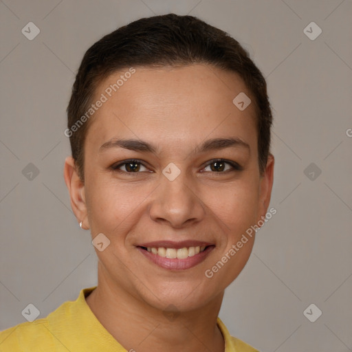 Joyful white young-adult female with short  brown hair and brown eyes