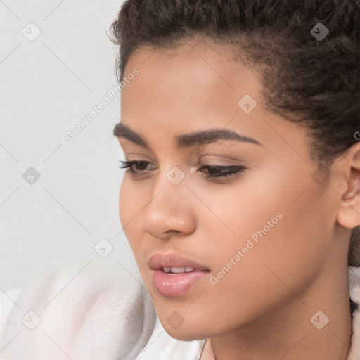 Neutral white young-adult female with short  brown hair and brown eyes