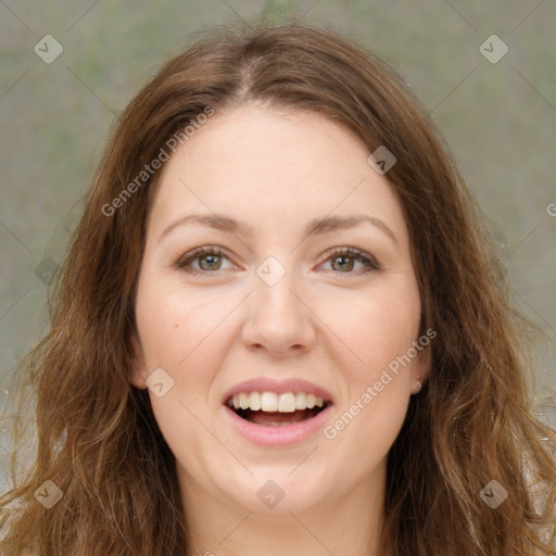 Joyful white young-adult female with long  brown hair and green eyes